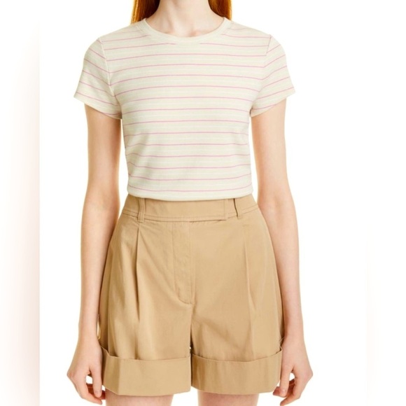 Club Monaco Tops - Club Monaco Striped Tee, Tan/White/Pink, Ribbed, Cap Sleeve, Crew Neck, M